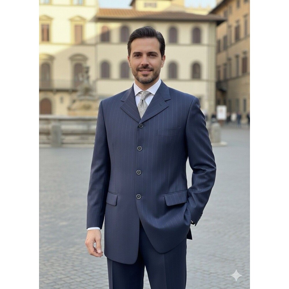 Sergio Valentino Super 120s Italian Wool Striped Blue 2pc Mens Suit 44LT 34x27.5